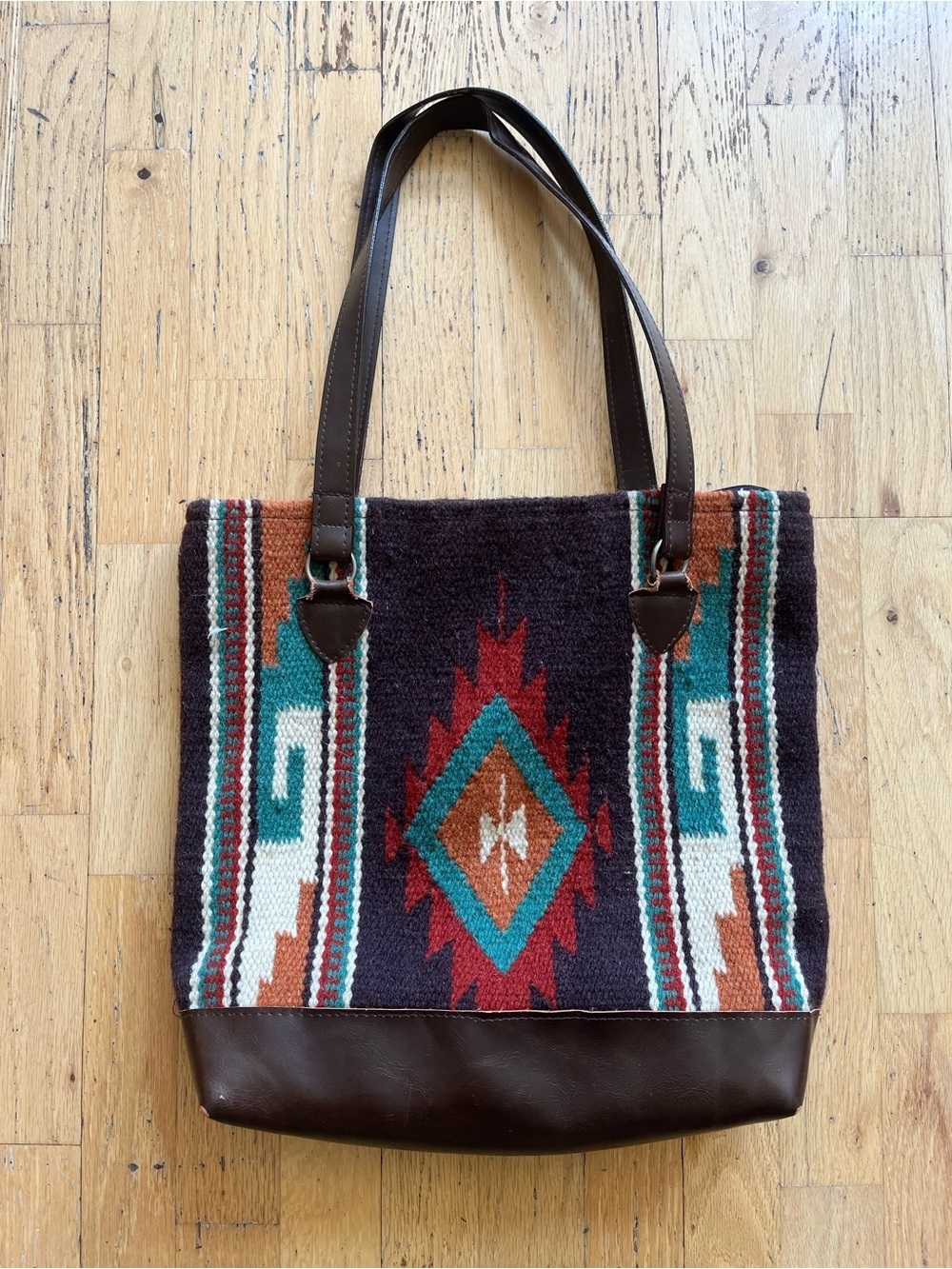 El Paso wool saddle Blanket Boho Aztec Pattern Brown Leather-Trim Tote Bag